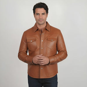 Video of our Men's Caramel Brown Leather Shirt showing front, side and back views. 