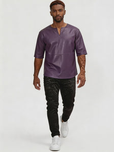 Video of a man walking down a fashion show runway wearing our Purple Leather T Shirt Mens