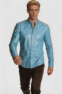 A short vid eo of a man walking a fashion show runway wearing our Mens Light Blue Leather Shirt