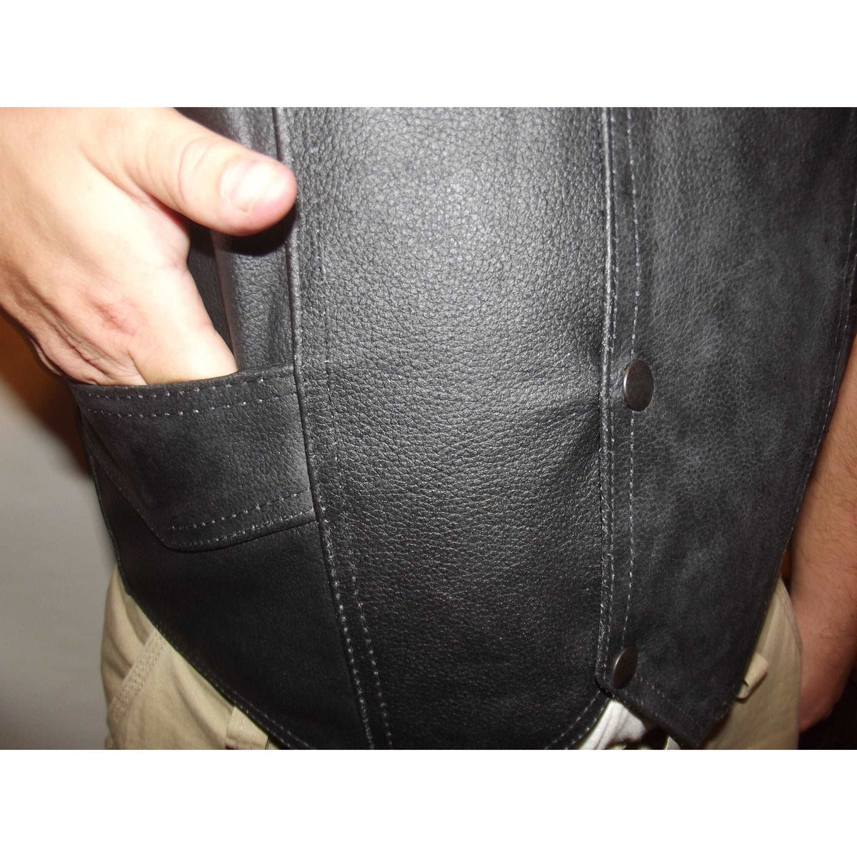 Side laced mens black leather motorcycle vest pocket