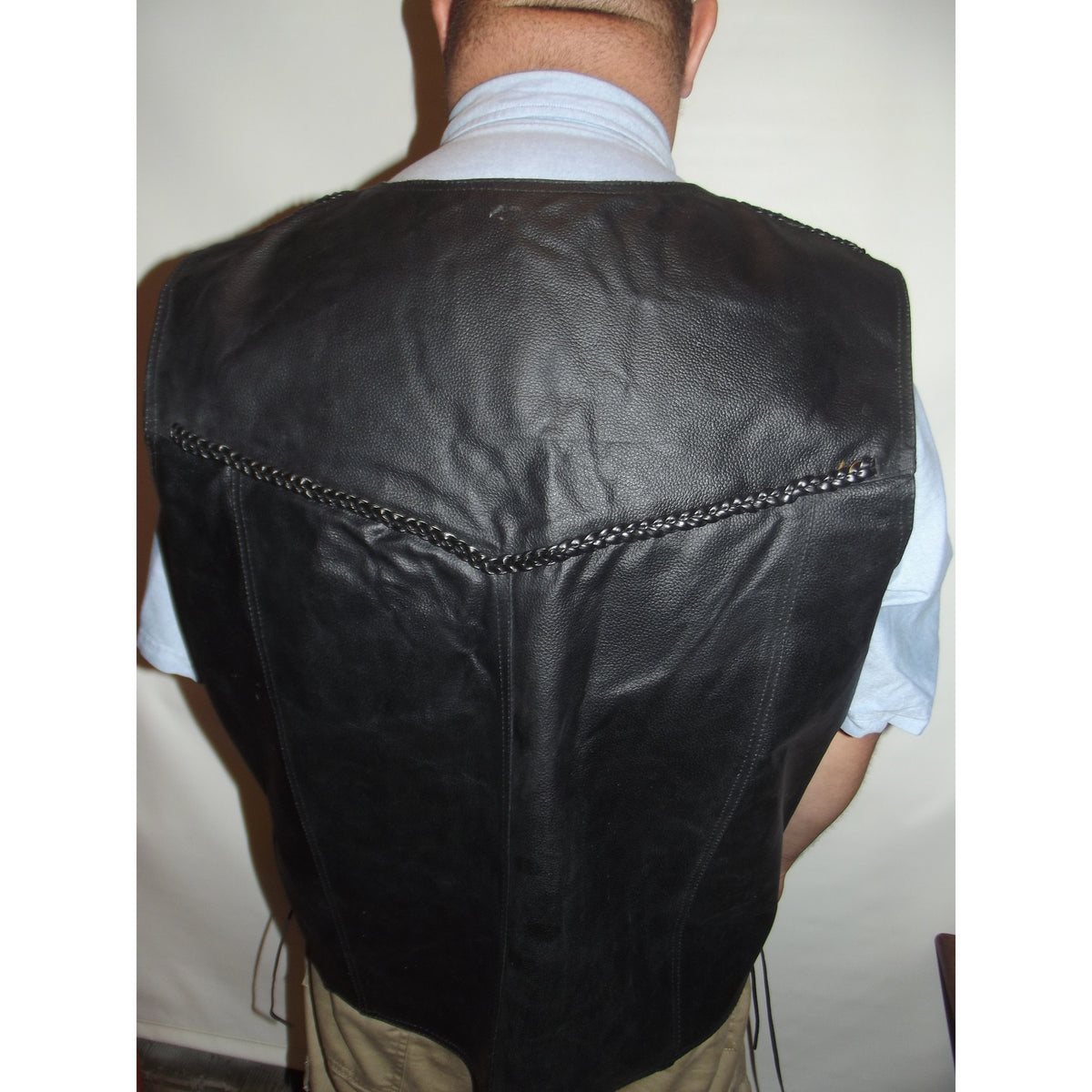 Mens Heavy Black Leather Biker Motorcycle Braided Vest with side laces
