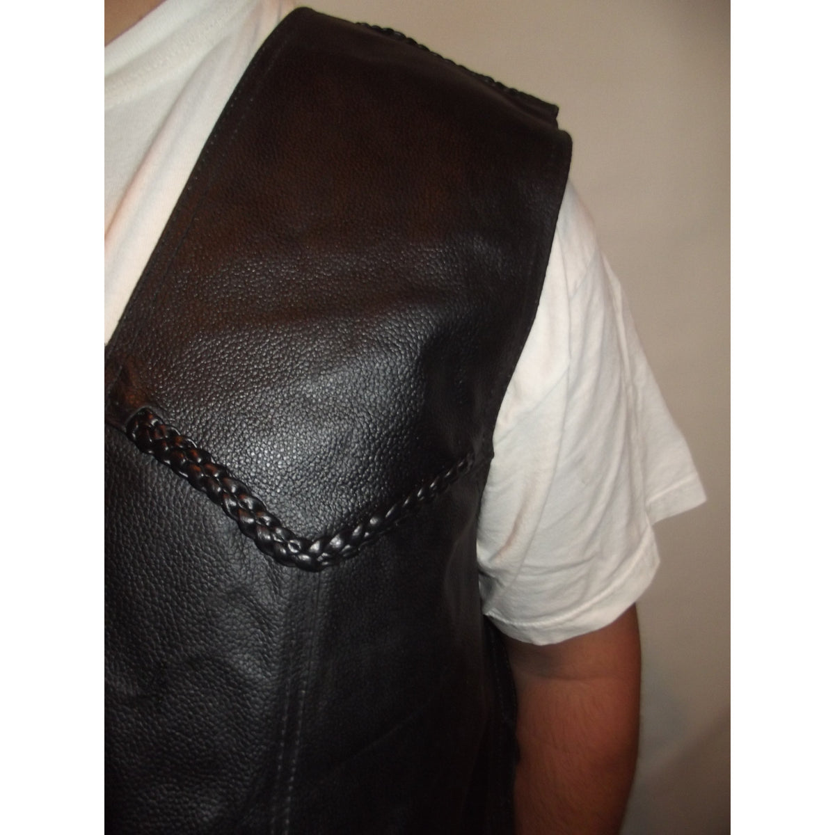 Mens Heavy Black Leather Biker Motorcycle Braided Vest with side laces