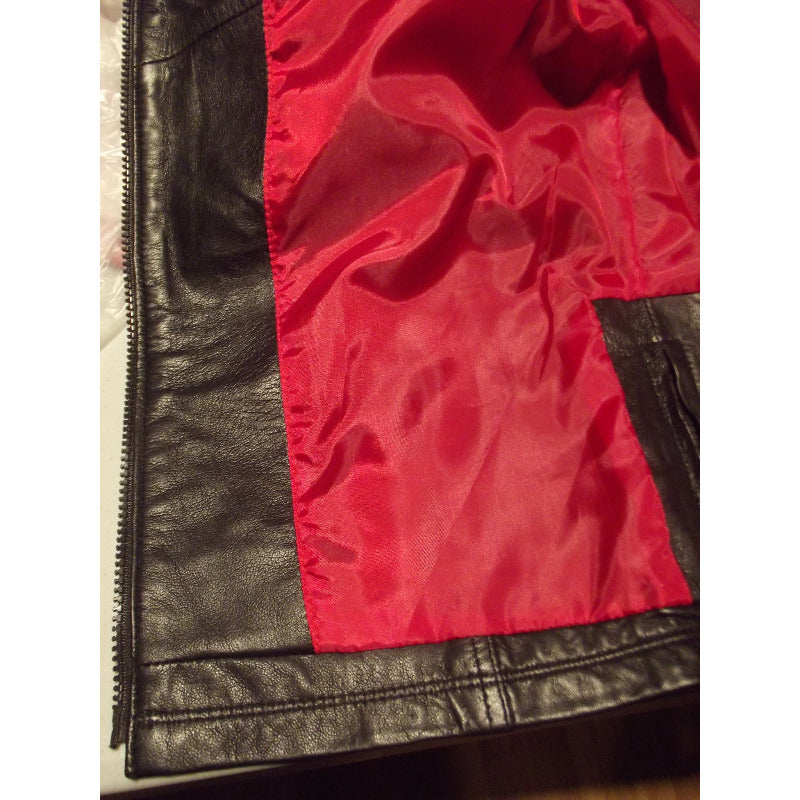 Hooded leather vest black color, close up  view of lining