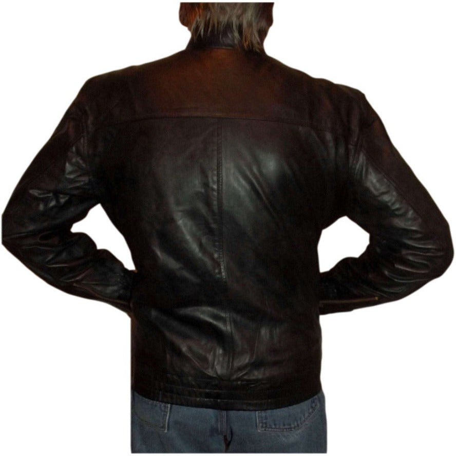 Picture of a model wearing our Mens Leather Jacket with Hood, Black color, back view.