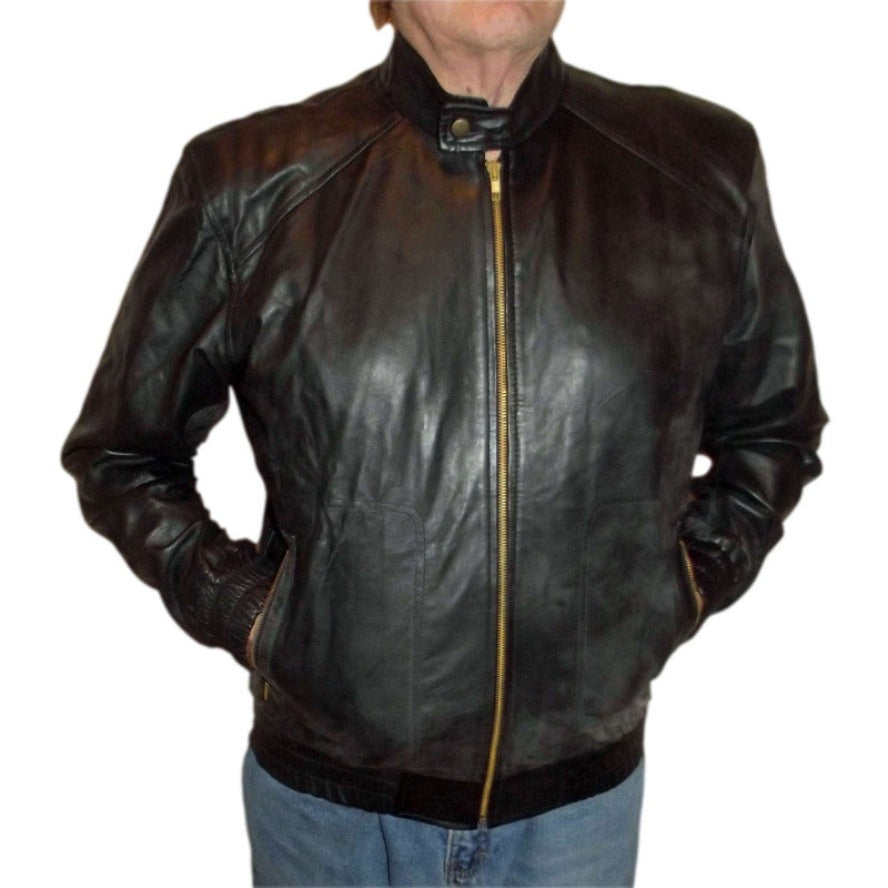 Picture of a model wearing our Mens Leather Jacket with Hood, Black color, Front view.