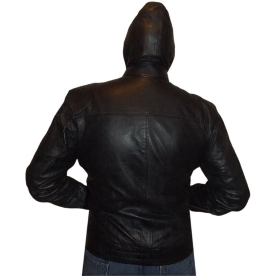 Picture of a model wearing our Mens Leather Jacket with Hood, Black color, back view with hood on.