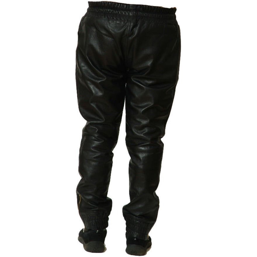 Model wearing mens black leather joggers, back view