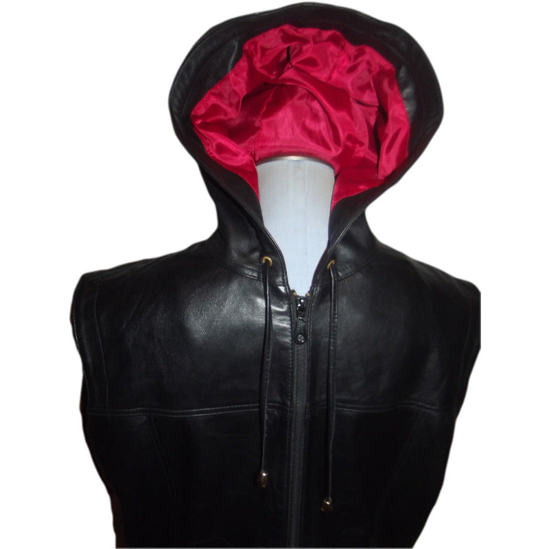 Hooded leather vest black color, close up of red lining in the hood