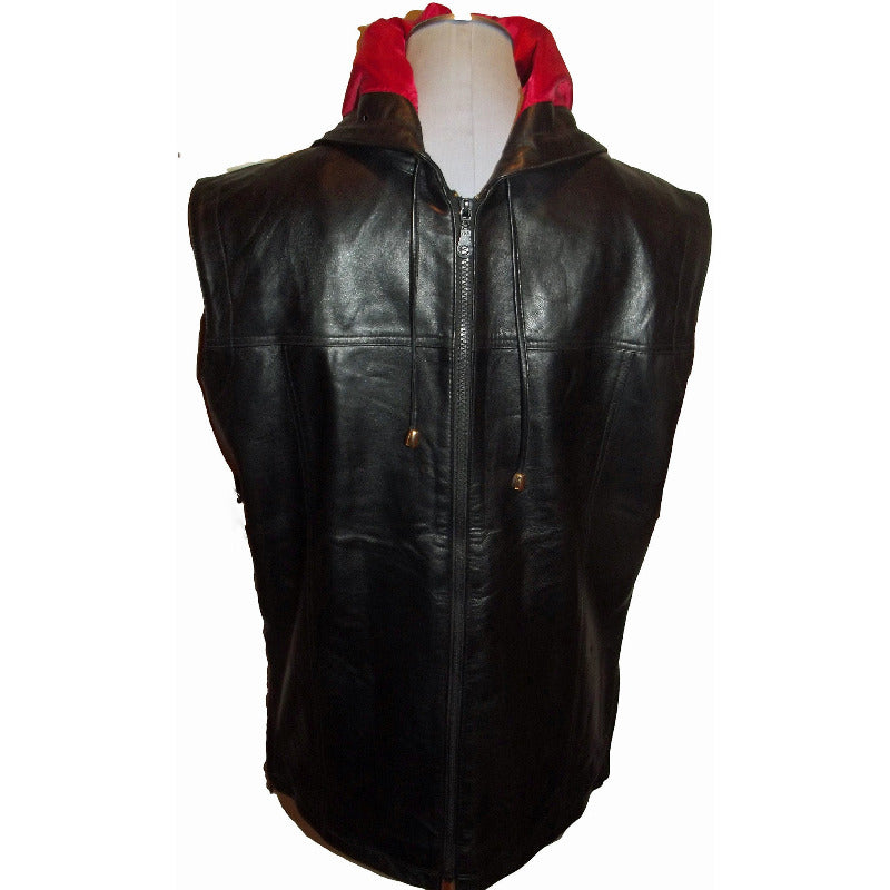 Hooded leather vest black color, frint  view