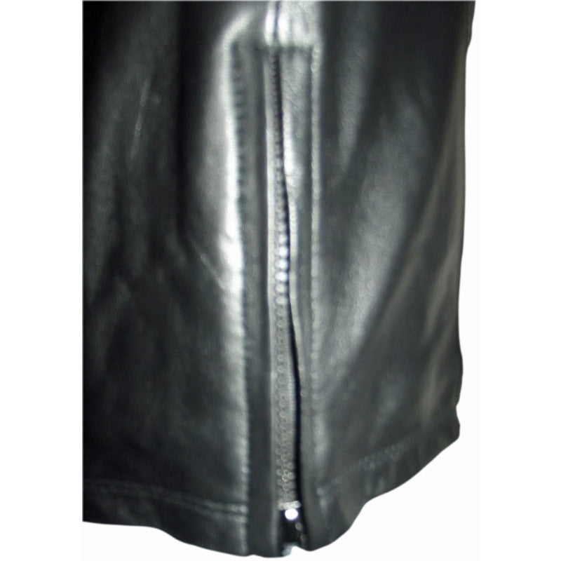 Hooded leather vest black color, close up  view of side zipper