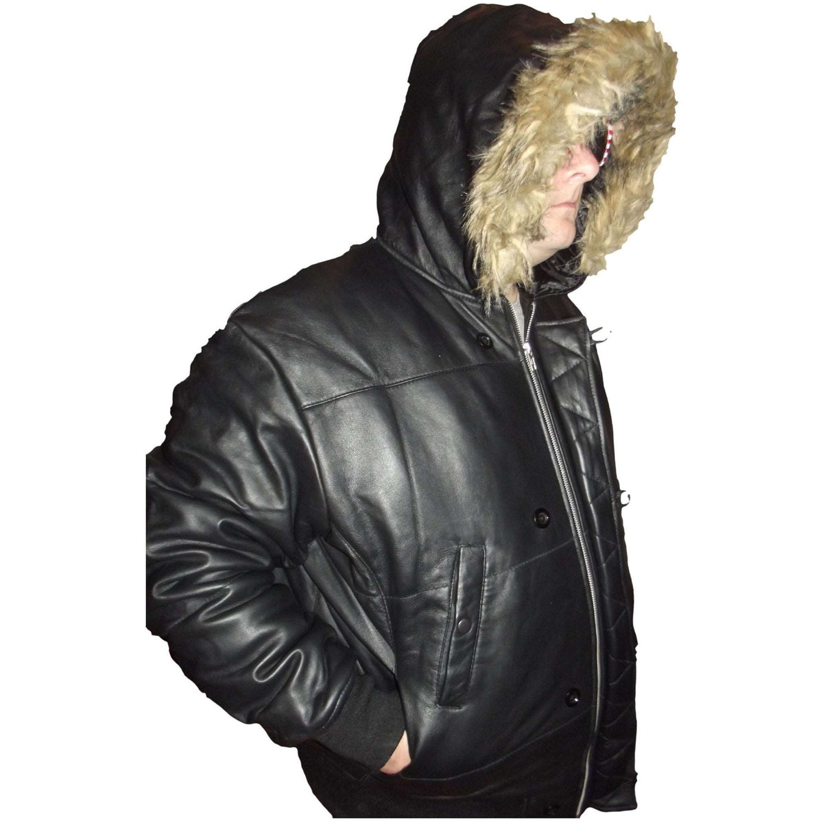 Mens Leather Jacket Black Hooded Puffy Puffer Faux Fur Trim