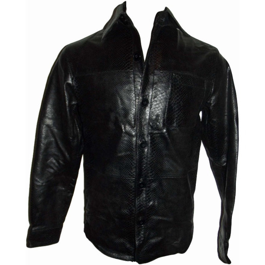Picture of a mannequin wearing a Mens Snakeskin Button Up Shirt Black color, front view