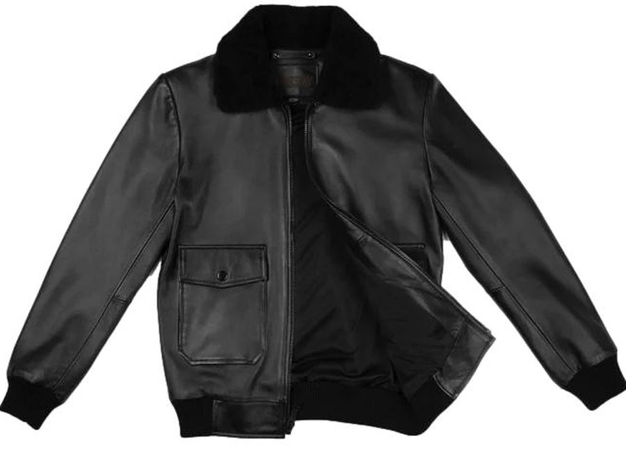 Picture of our black waxed Pilot Leather Jacket for Men front view with zipper open, showing lining...