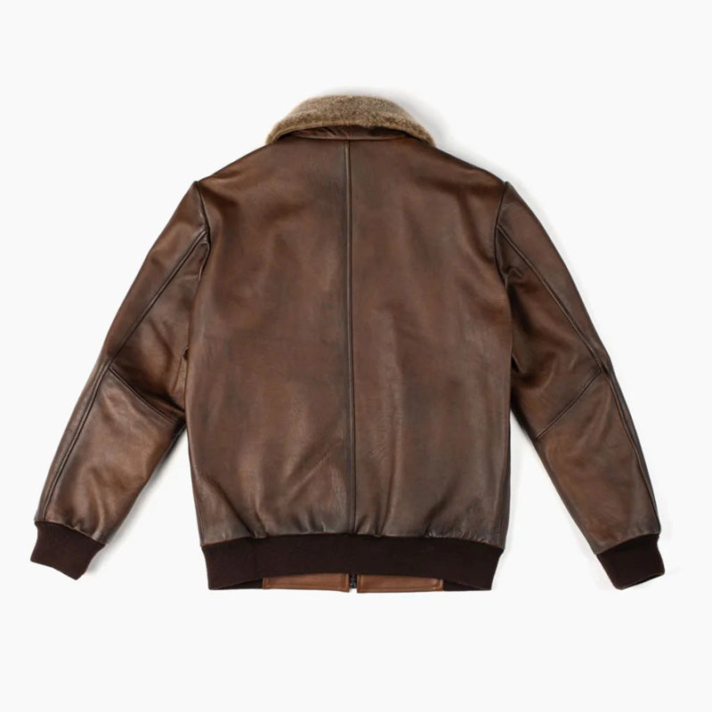 Picture of our brown waxed Pilot Leather Jacket for Ment back view 