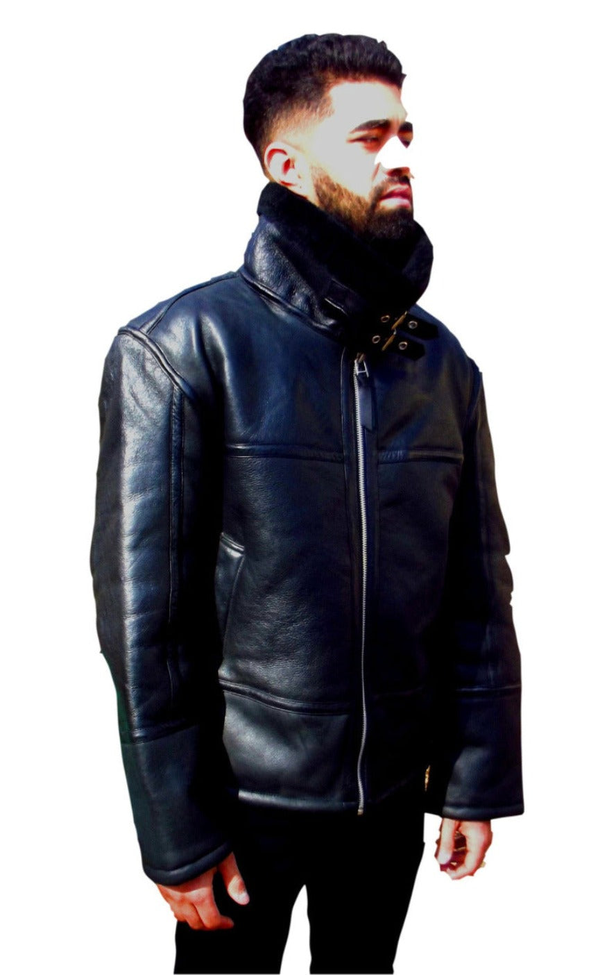 Picture of a model wearing our Mens Black Shearling Leather Jacket, side view