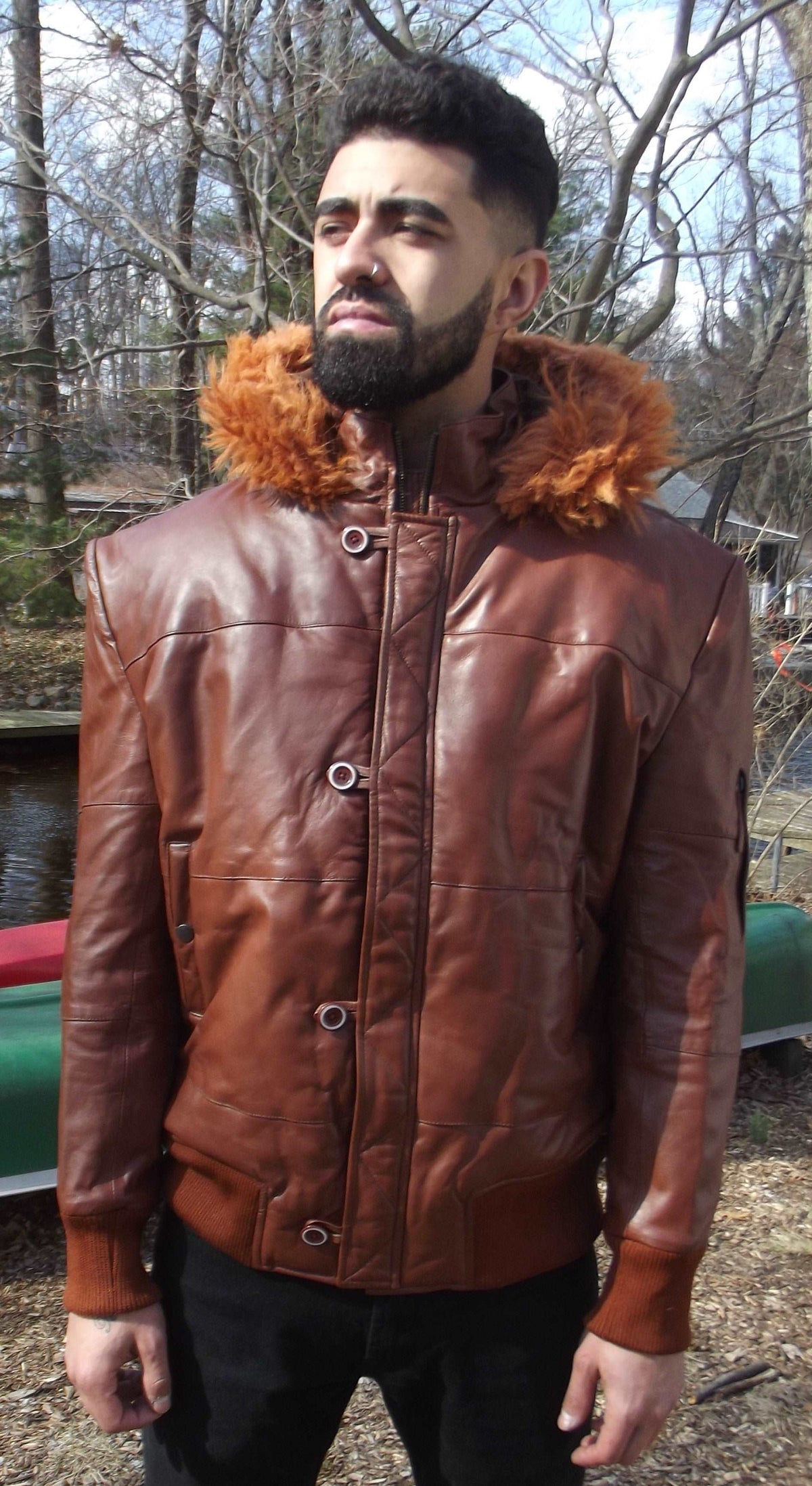 Mens Leather Jacket Brown Hooded Puffy Fur Trim XL
