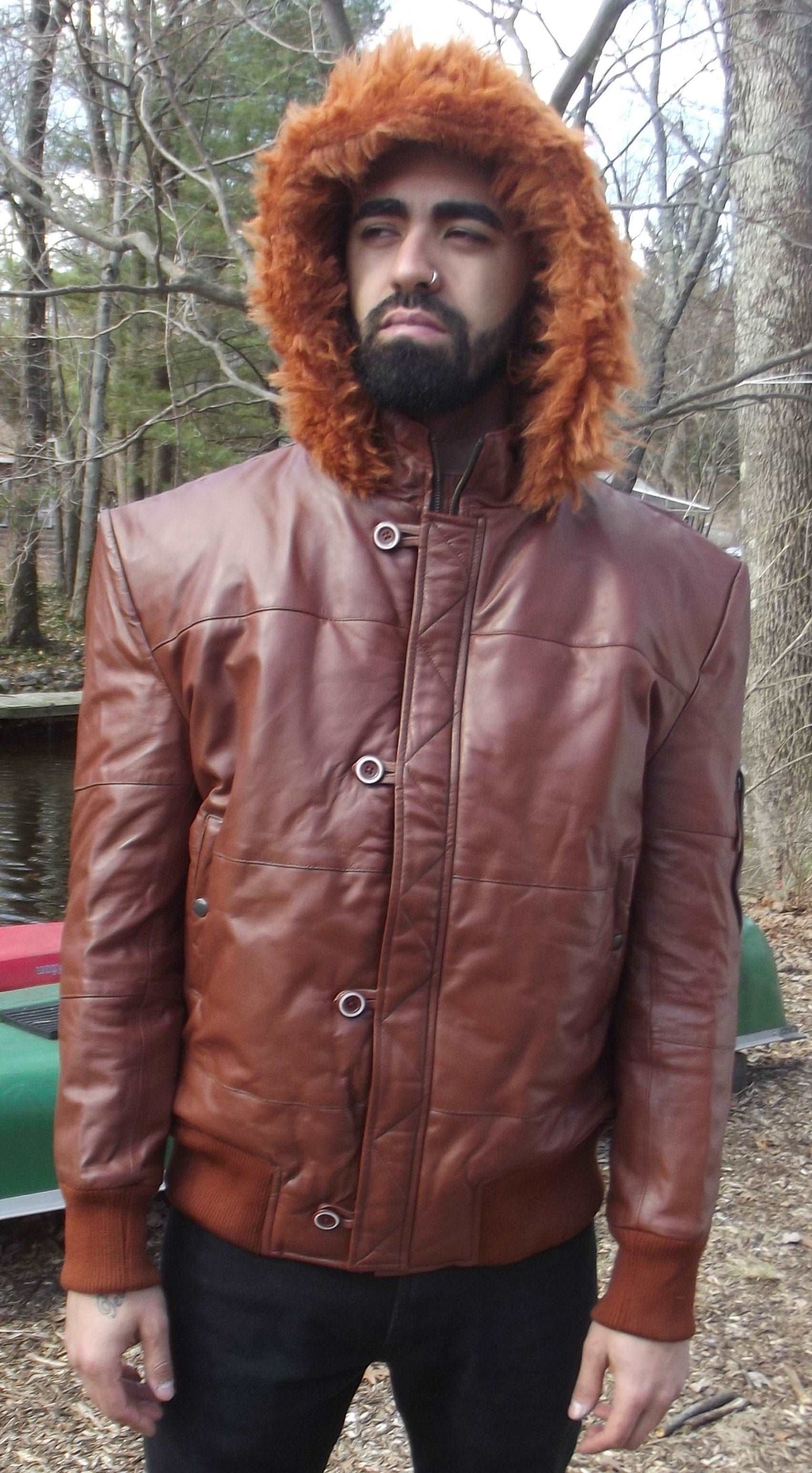 Mens Leather Jacket Brown Hooded Puffy Fur Trim XL
