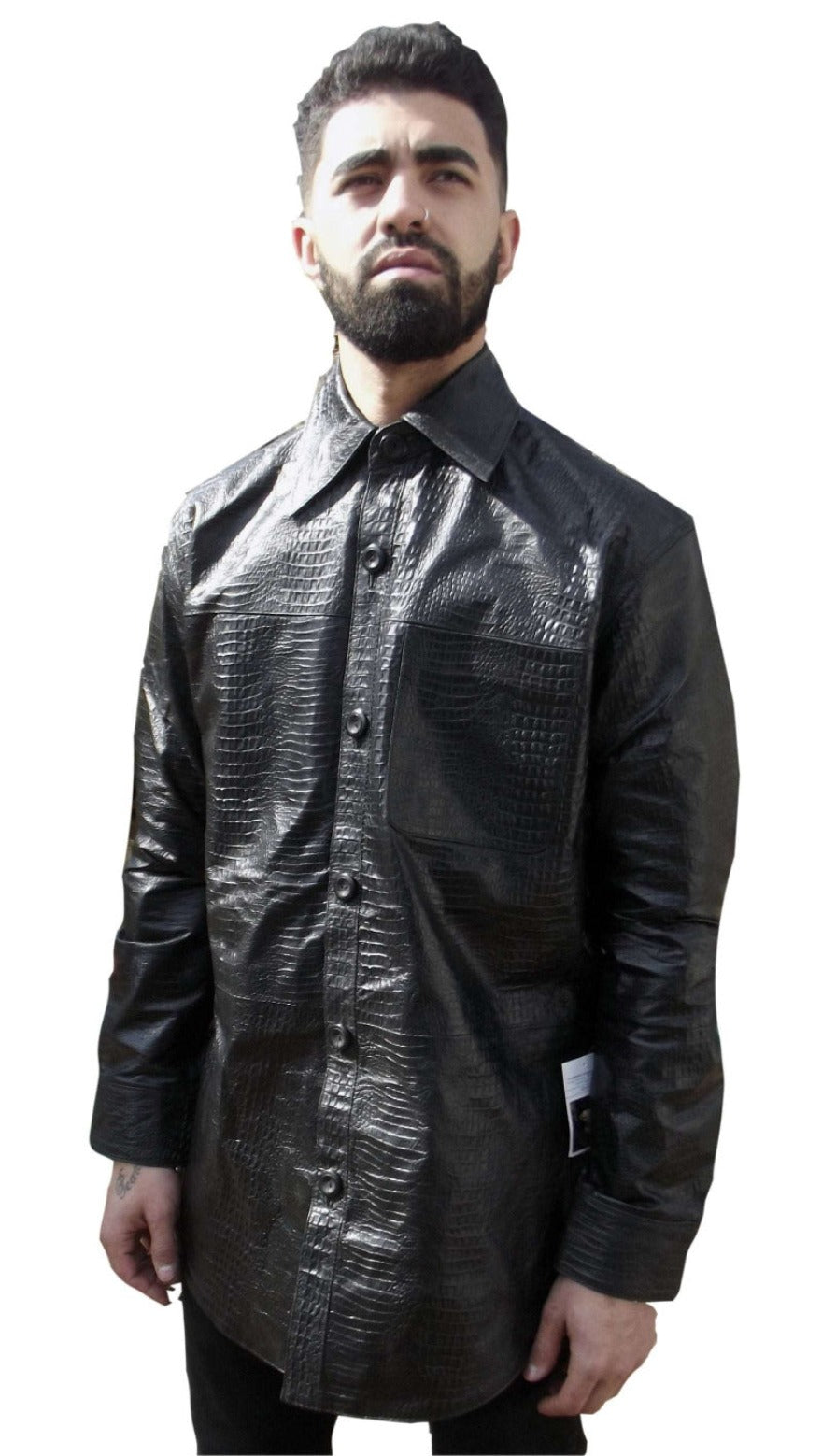  Picture of a model wearing our Mens Black Leather Alligator Shirt , front view