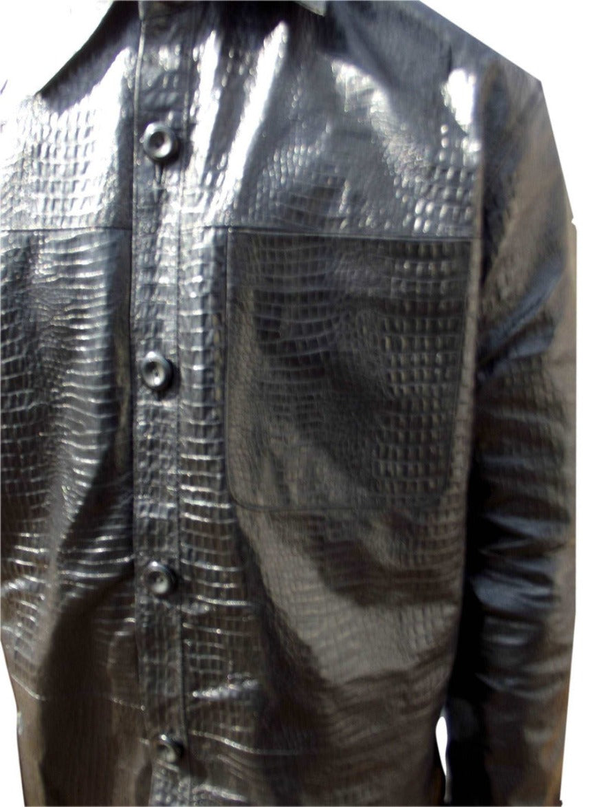  Picture of a model wearing our Mens Black Leather Alligator Shirt , close up view