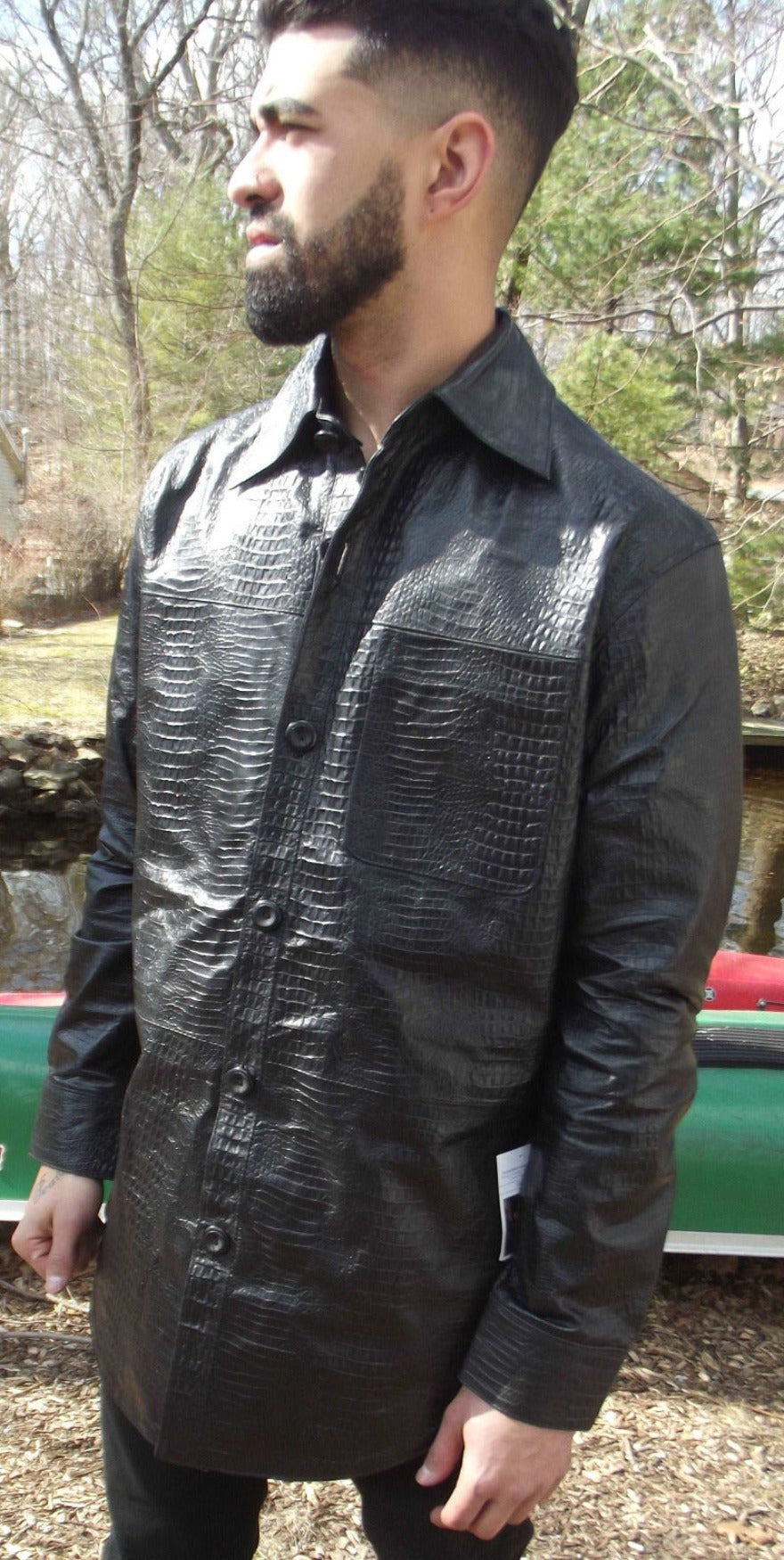  Picture of a model wearing our Mens Black Leather Alligator Shirt , side view