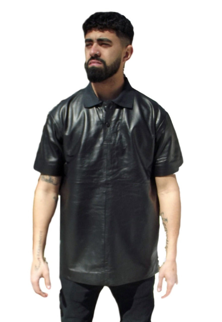 Picture of a model wearing a Mens leather polo shirt, black color,  front view