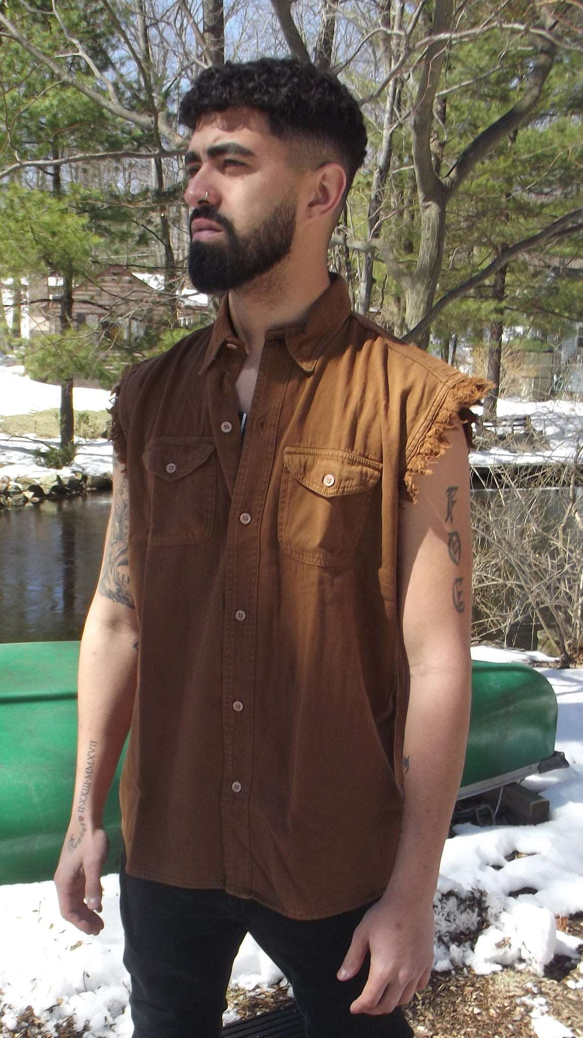 Mens Motorcycle Biker Shirt Brown Cut Off Sleeveless Cotton Denim- ChersDelights Leather Apparel Mens Motorcycle Biker Shirt Brown Cut Off Sleeveless Cotton Denim- ChersDelights Leather Apparel