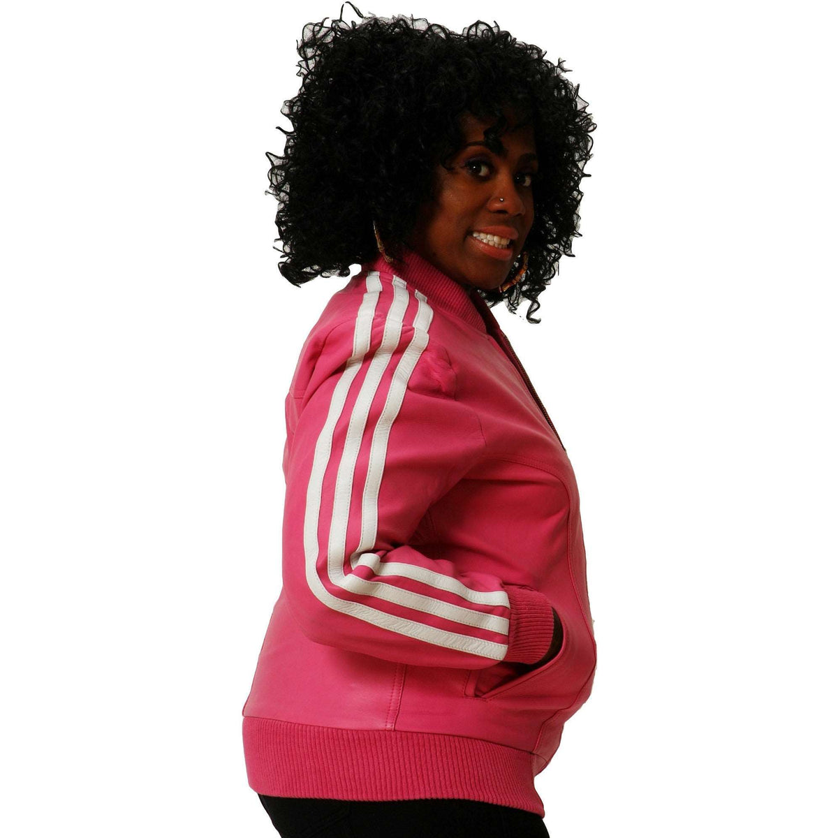 Womens Pink Leather track jacket side