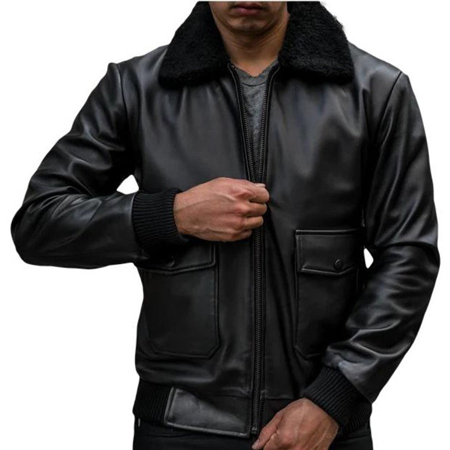 Model wearing our black Pilot Leather Jacket for Ment front view with. zipper almost closed.