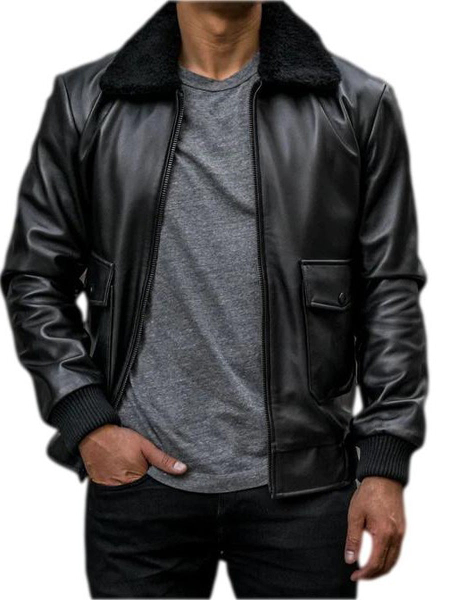 Model wearing our black Pilot Leather Jacket for Men front view with zipper open.