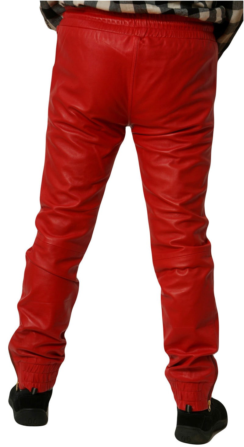 Picture of a model wearing red leather joggers,  back view