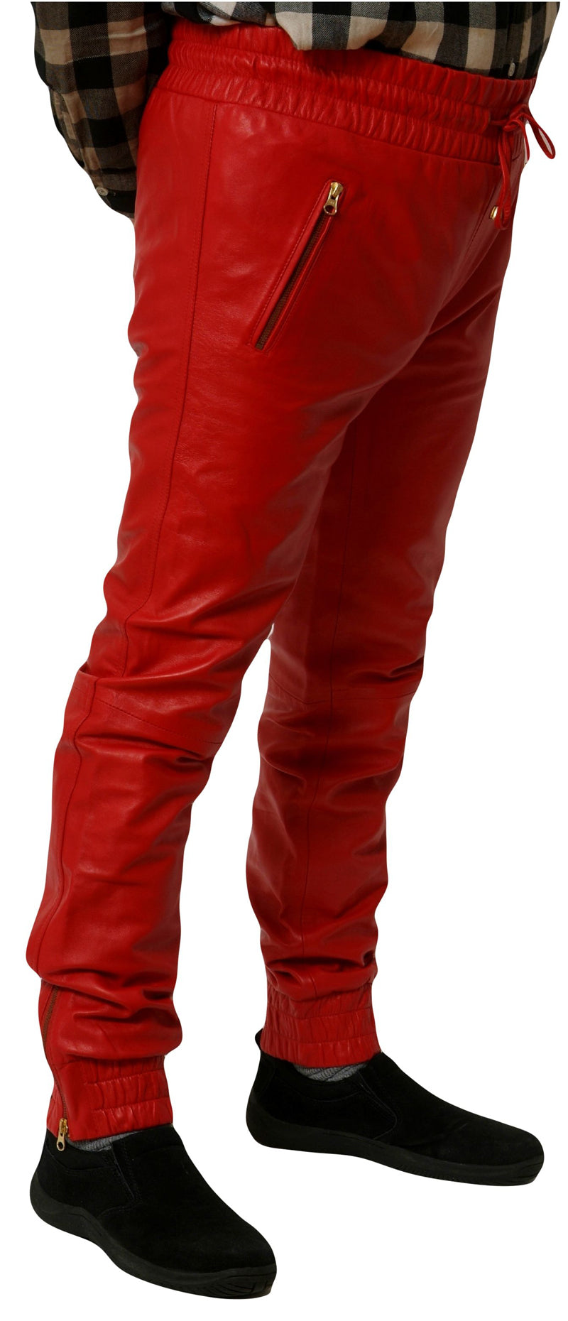 Picture of a model wearing red leather joggers,  side view