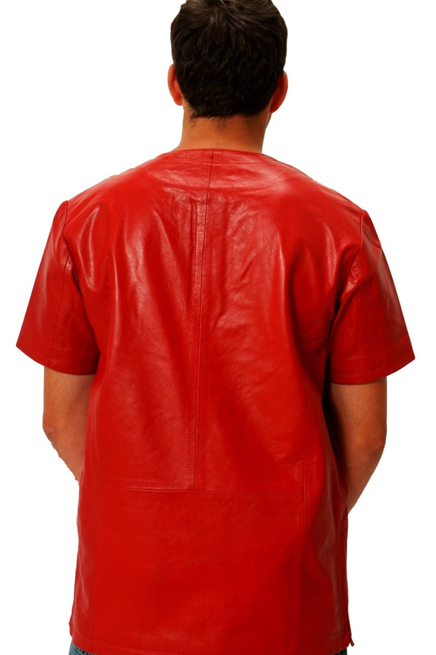 Picture of model wearing our red leather t shirt, back view.