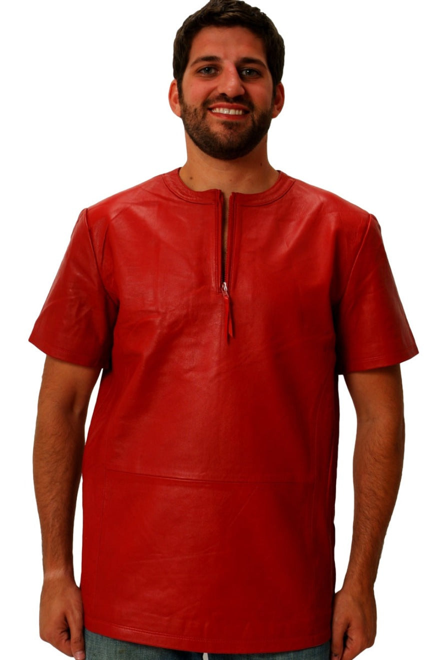 Picture of model wearing a red leather t shirt, front view.