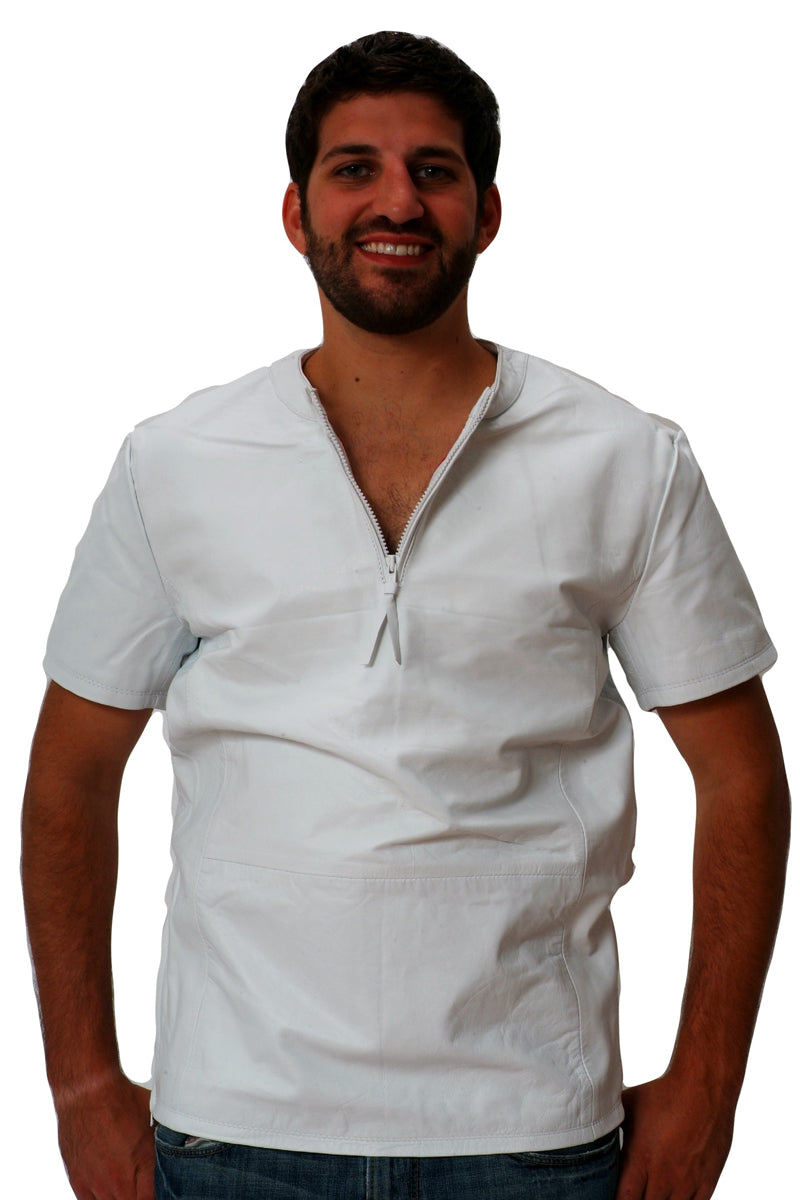 Picture of model wearing white leather t shirt with the front zipper open, front view.