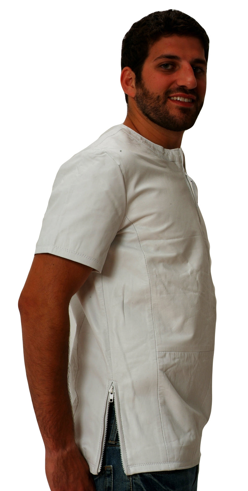 Picture of model wearing white leather t shirt, side view.