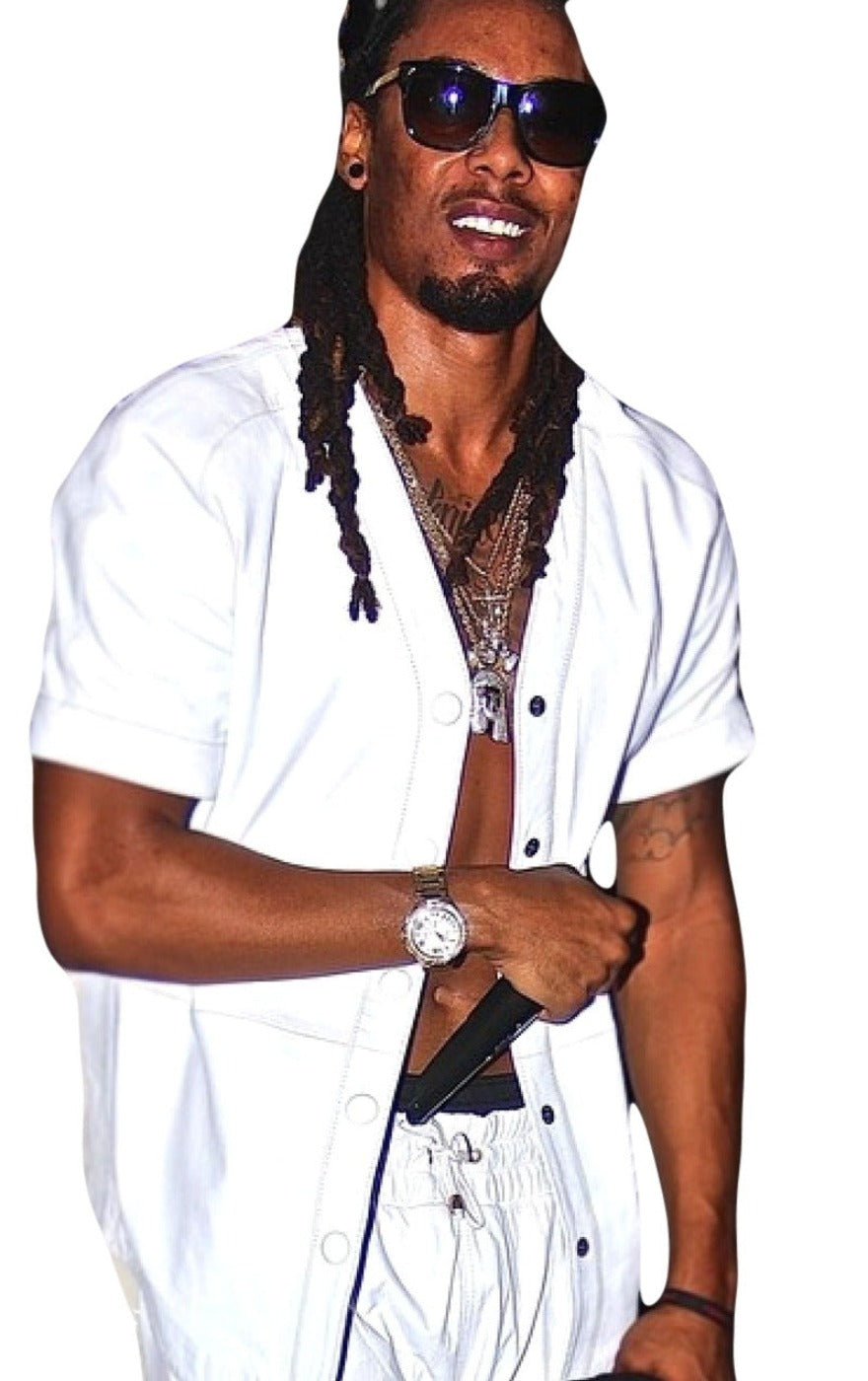 Picture of Dreamer Chris wearing our white leather baseball jersey