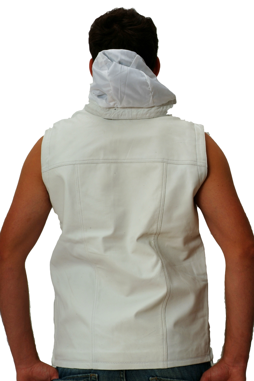 Picture of a model wearing a white leather hooded vest, back view, with hood down