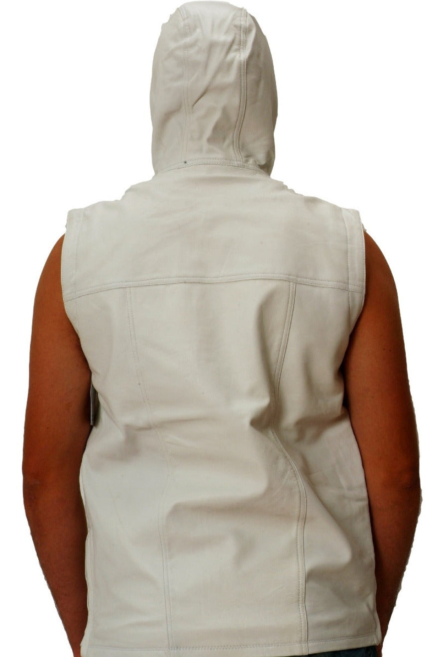 Picture of a model wearing our White Leather Vest Mens, back view, with hood up
