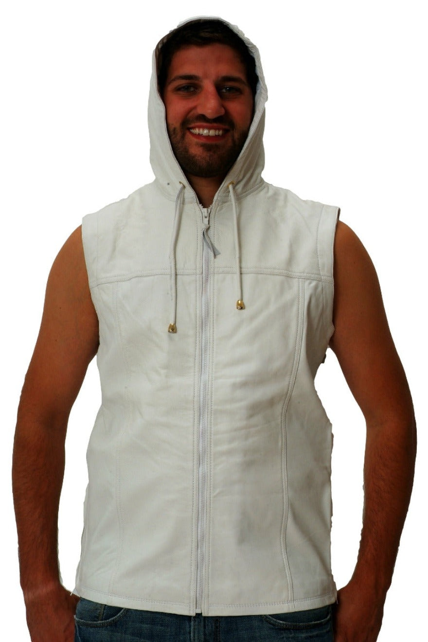 Picture of a model wearing a white leather hooded vest, front view, with hood up