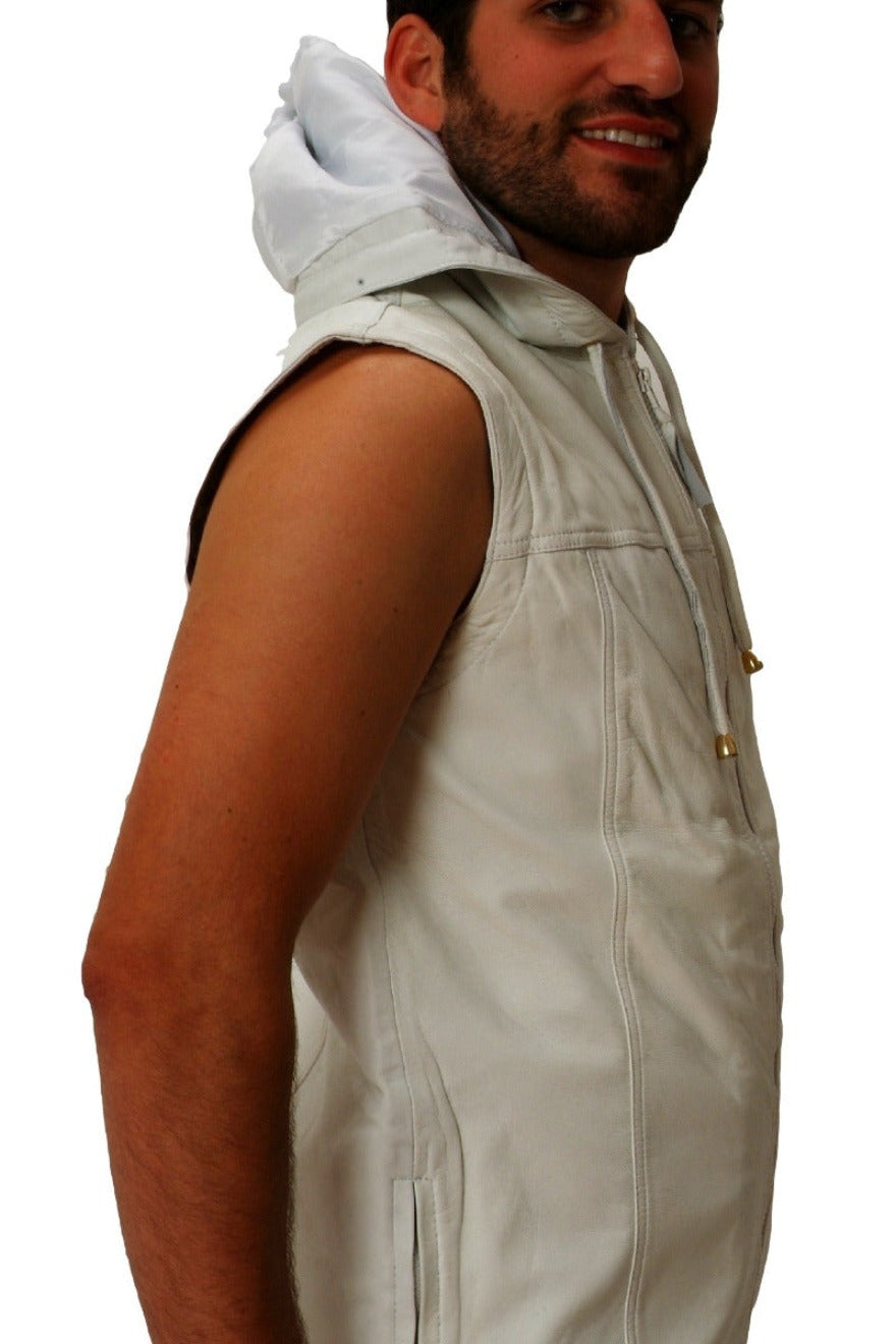 Picture of a model wearing a white leather hooded vest,side view, with hood down