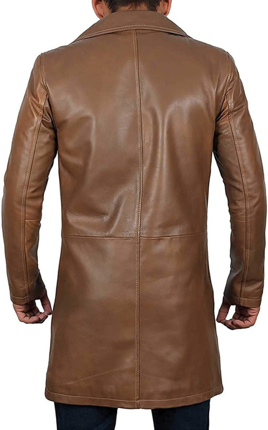Picture of a model wearing our Short Leather Trench Coat Mens light brown, back view