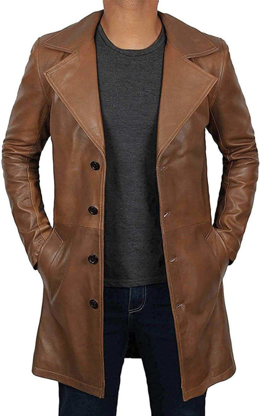Picture of a model wearing our Short Leather Trench Coat Mens light brown, front  view