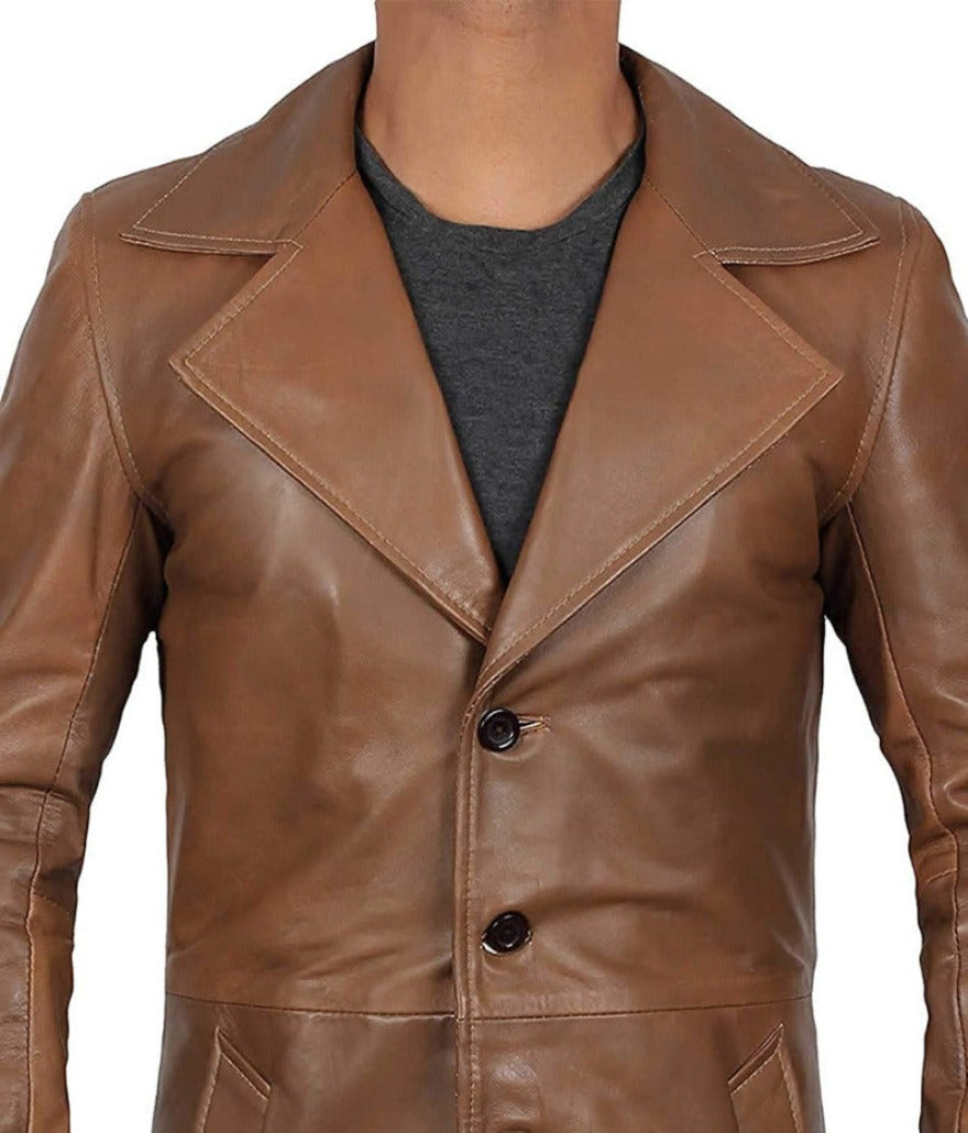 Picture of a model wearing our Short Leather Trench Coat Mens light brown front  close up