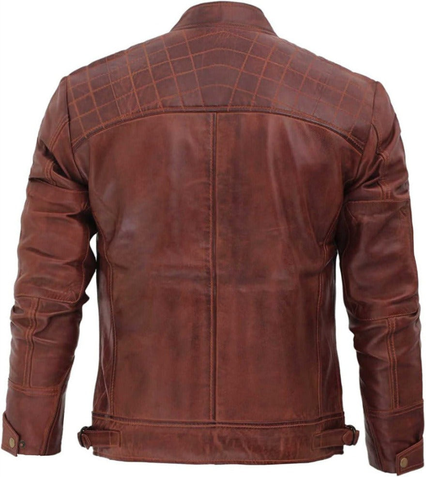 Mens Cafe Racer Leather Jacket Distressed Brown Back view