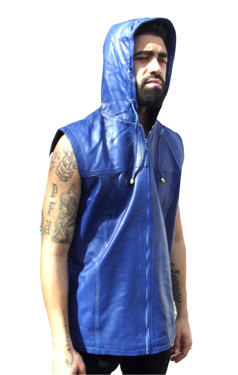 Mens leather vest with hood blue color front view 