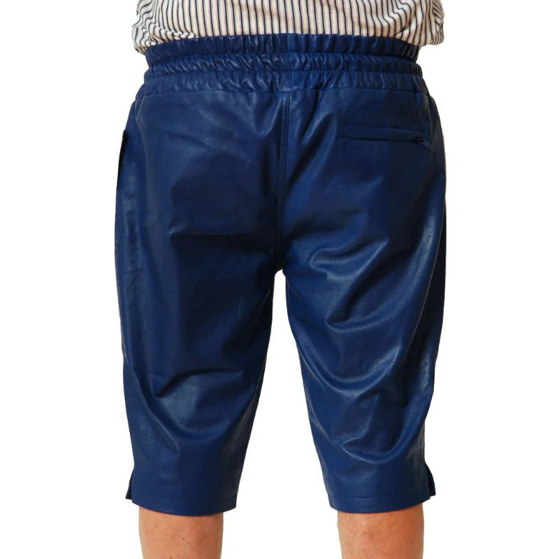 Leather shorts mens blue color back view