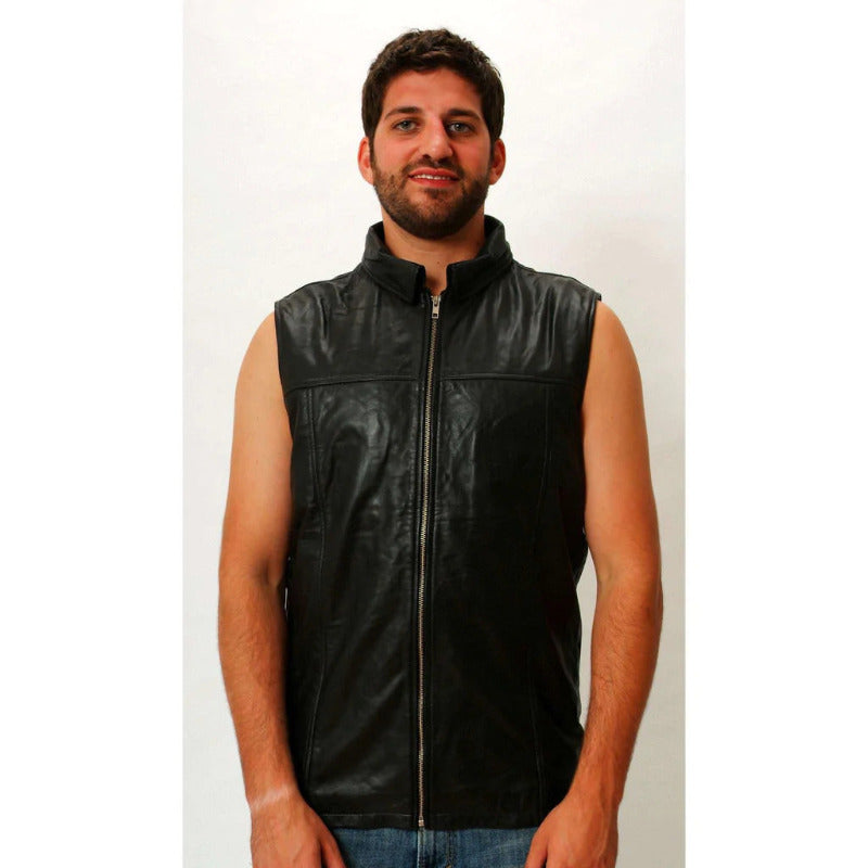 Mens black hooded sleeveless leather shirt front view