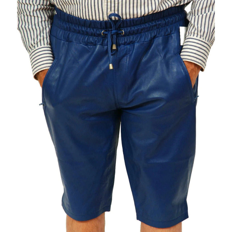Leather shorts mens blue color front view