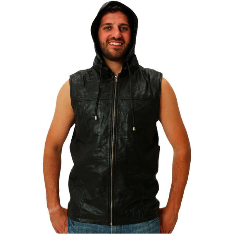 Mens Blue Leather Zip Up Hoodie Hooded Vest Silk lined CLEARANCE