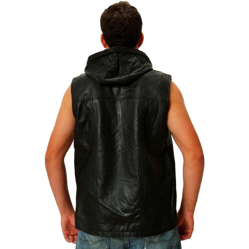 Mens black hooded sleeveless leather shirt back  view